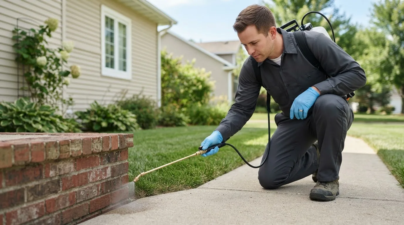 Pest control technician treating a home near Linden, CA